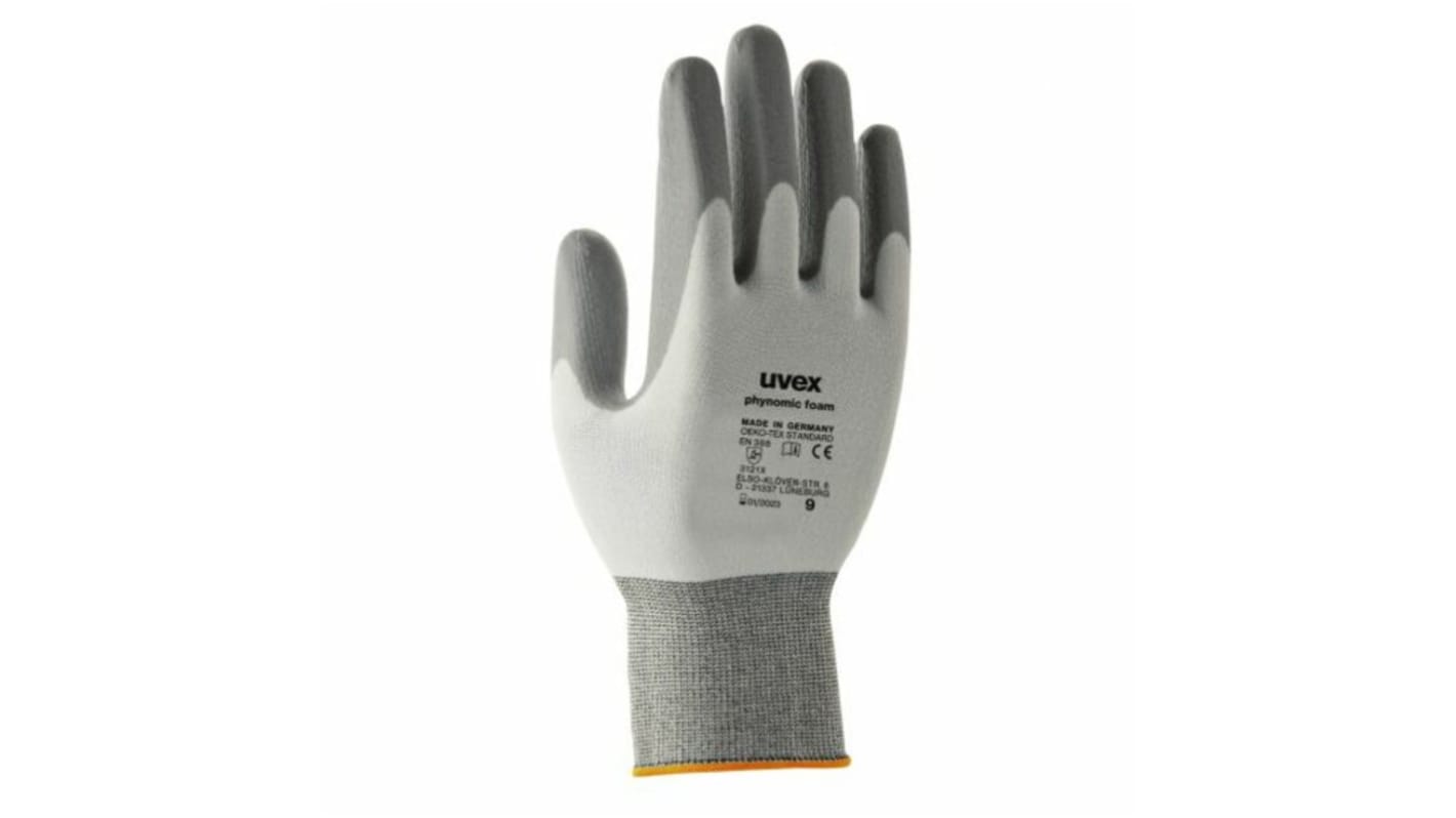 Guantes de trabajo de Elastano, Poliamida Gris Uvex serie Phynomic foam, talla 9, con recubrimiento de Espuma