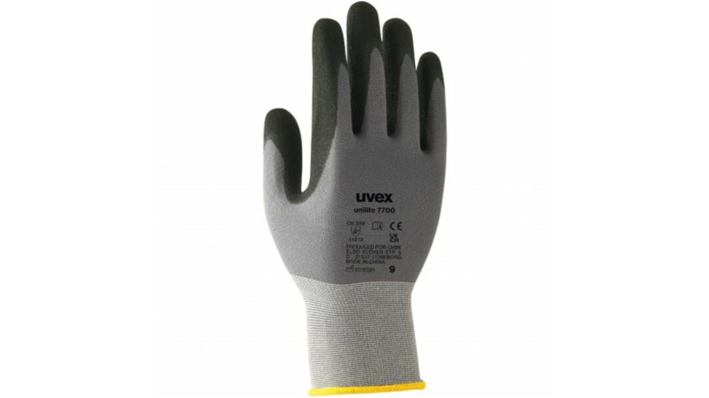 Guantes de trabajo de Elastano, Poliamida Gris Uvex serie Unilite 7700, talla 9, con recubrimiento de NBR, Uso general