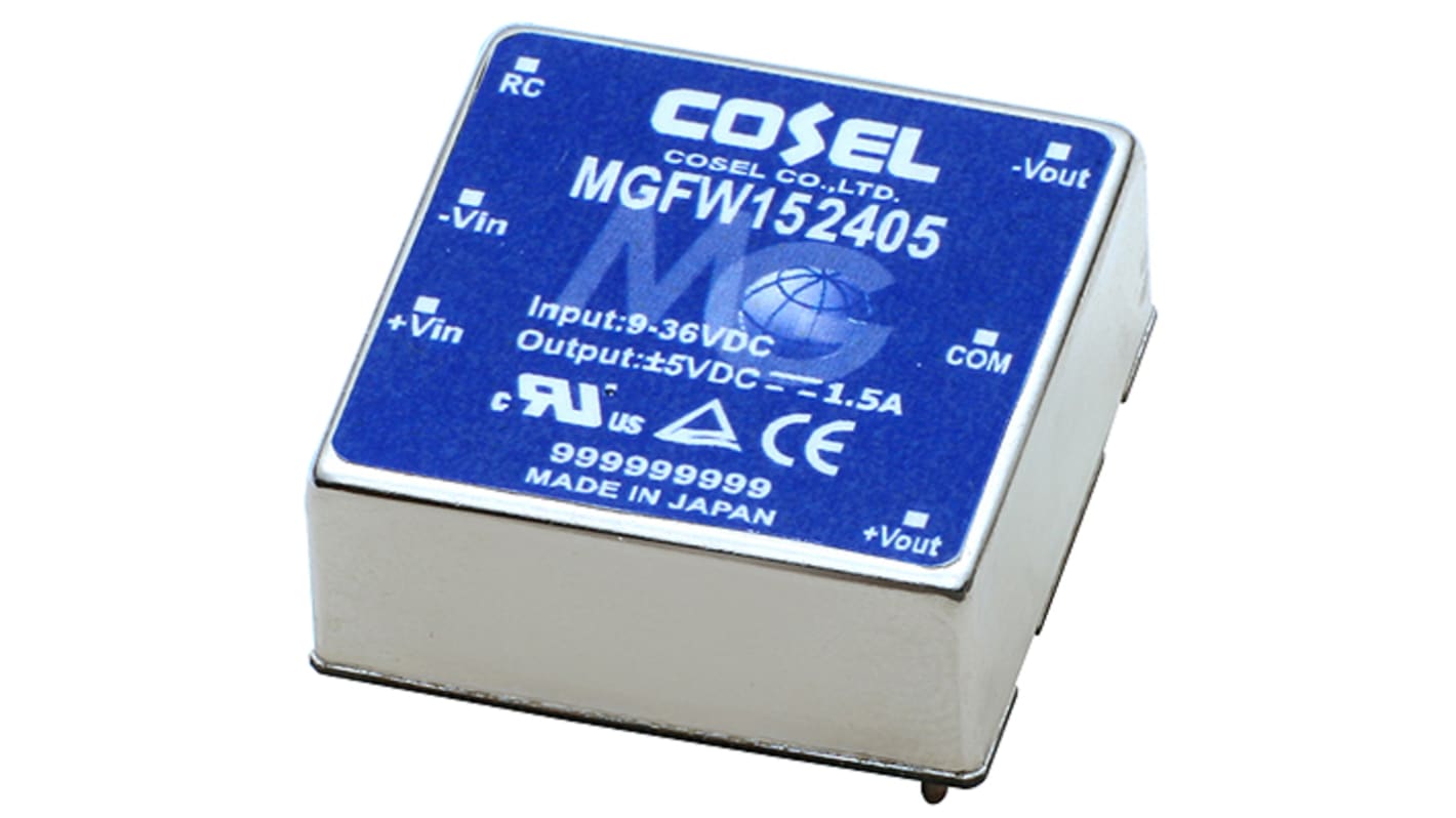 Cosel MGFW DC-DC Converter, ±5V dc/ 1.5A Output, 9 → 36 V dc Input, 15W, PCB Mount, +85°C Max Temp -40°C Min Temp