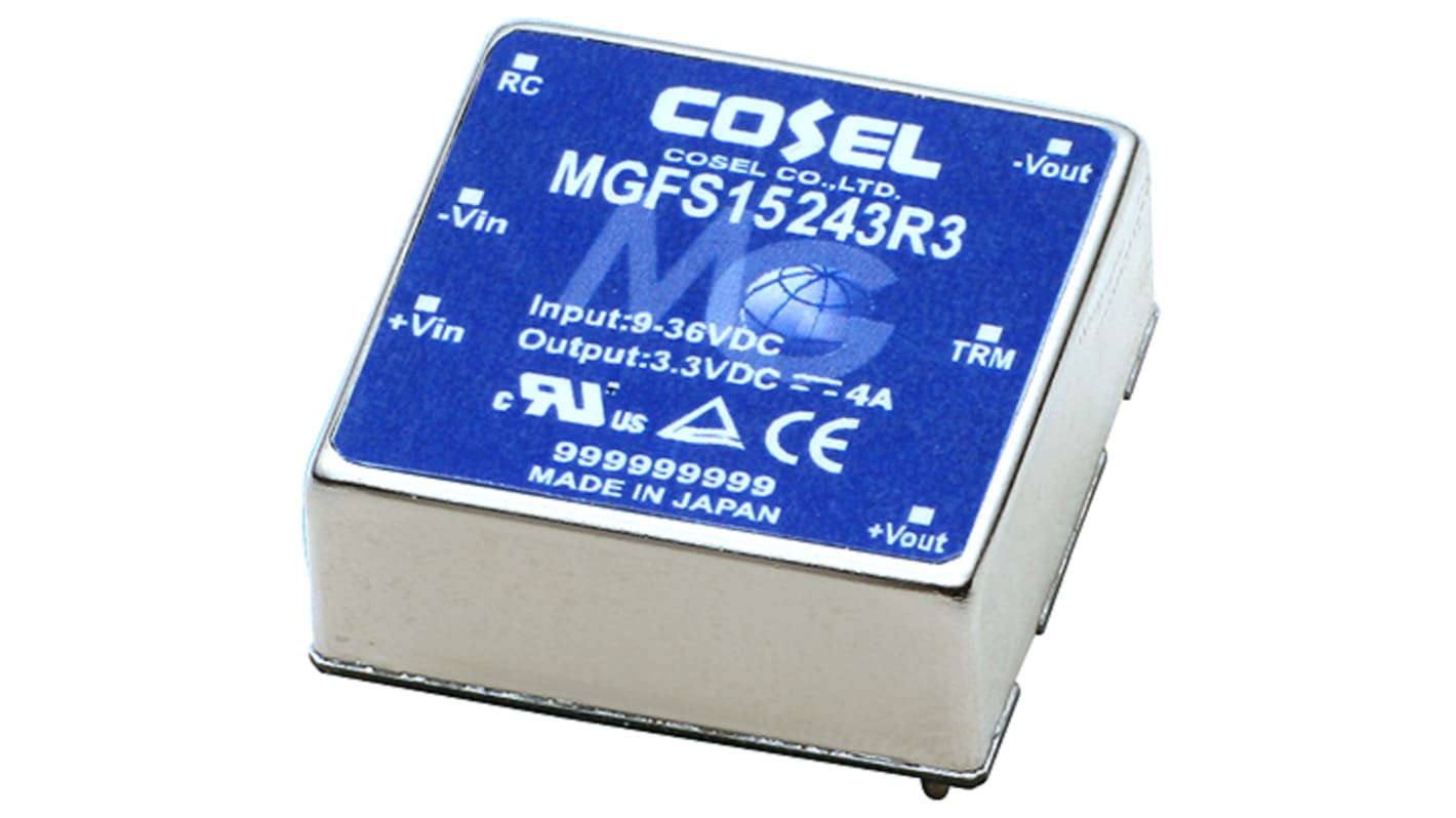 Cosel MGS DC-DC Converter, 3.3V dc/ 4A Output, 18 → 36 V dc Input, 13.2W, PCB Mount, +85°C Max Temp -40°C Min