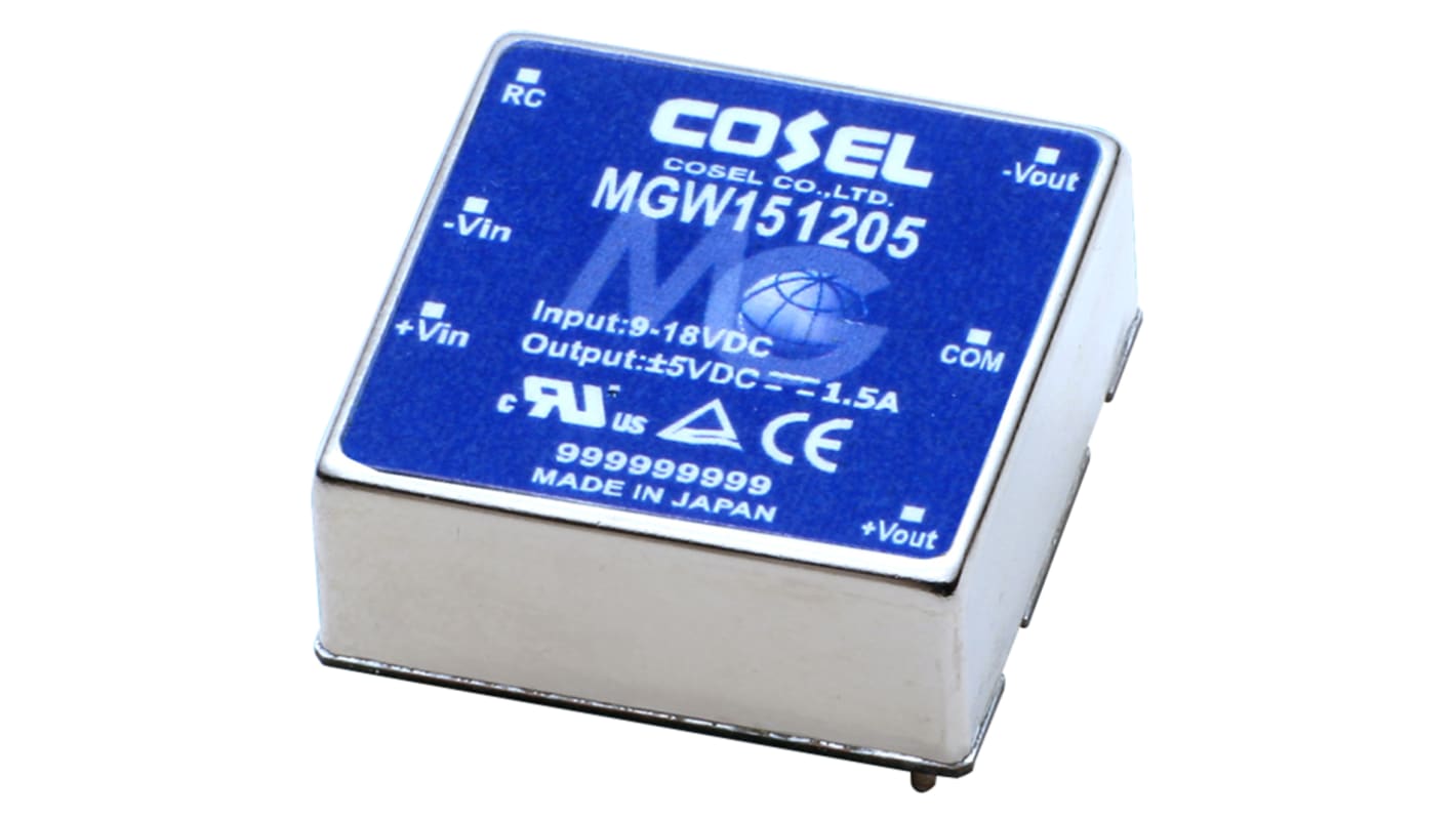 Cosel MGW DC-DC Converter, ±5V dc/ 1.5A Output, 9 → 18 V dc Input, 15W, PCB Mount, +85°C Max Temp -40°C Min Temp