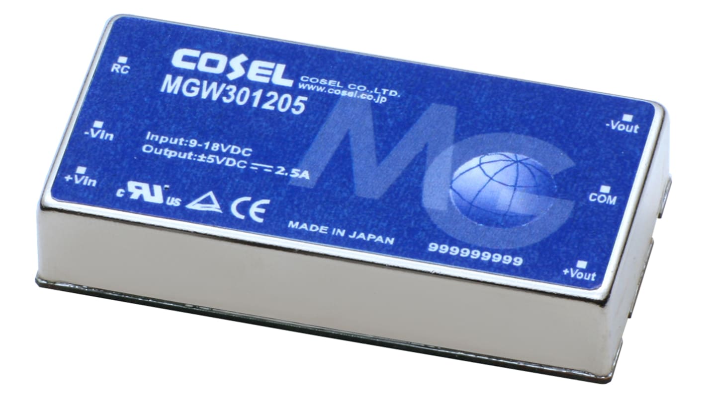 Cosel MGW DC-DC Converter, ±15V dc/ 1A Output, 9 → 18 V dc Input, 30W, PCB Mount, +85°C Max Temp -40°C Min Temp