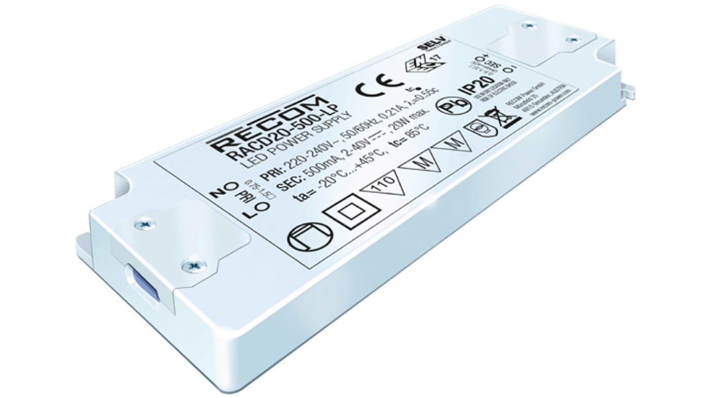 RACD20-500-LP | Driver de LED Recom,sortie 2 → 40V c.c. 500mA, 20W ...