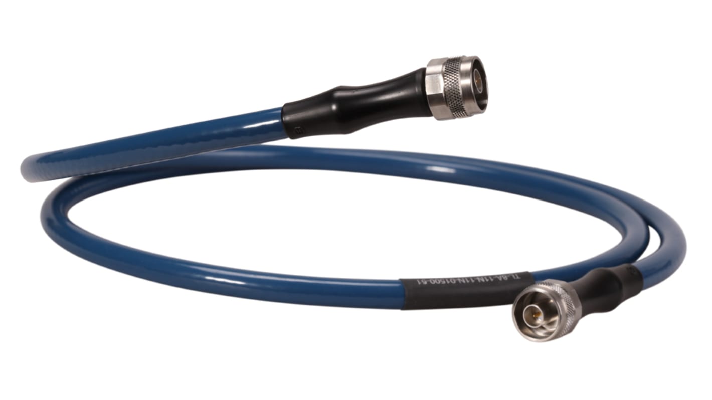 Cable coaxial Huber+Suhner, 50 Ω, con. A: Tipo N, Macho, con. B: Tipo N, Macho, long. 1.5m, funda de TPU Azul