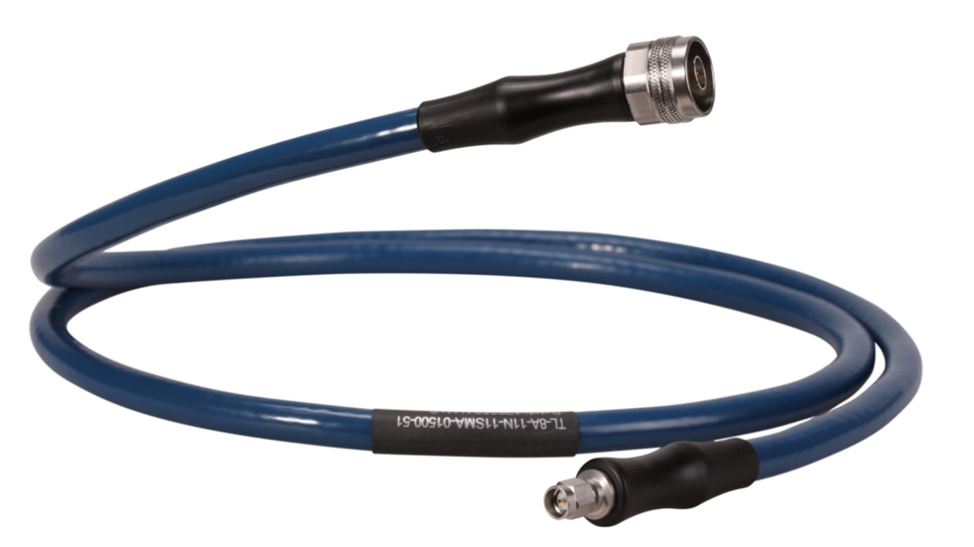 Cable coaxial Huber+Suhner, 50 Ω, con. A: Tipo N, Macho, con. B: SMA, Macho, long. 1.5m, funda de TPU Azul