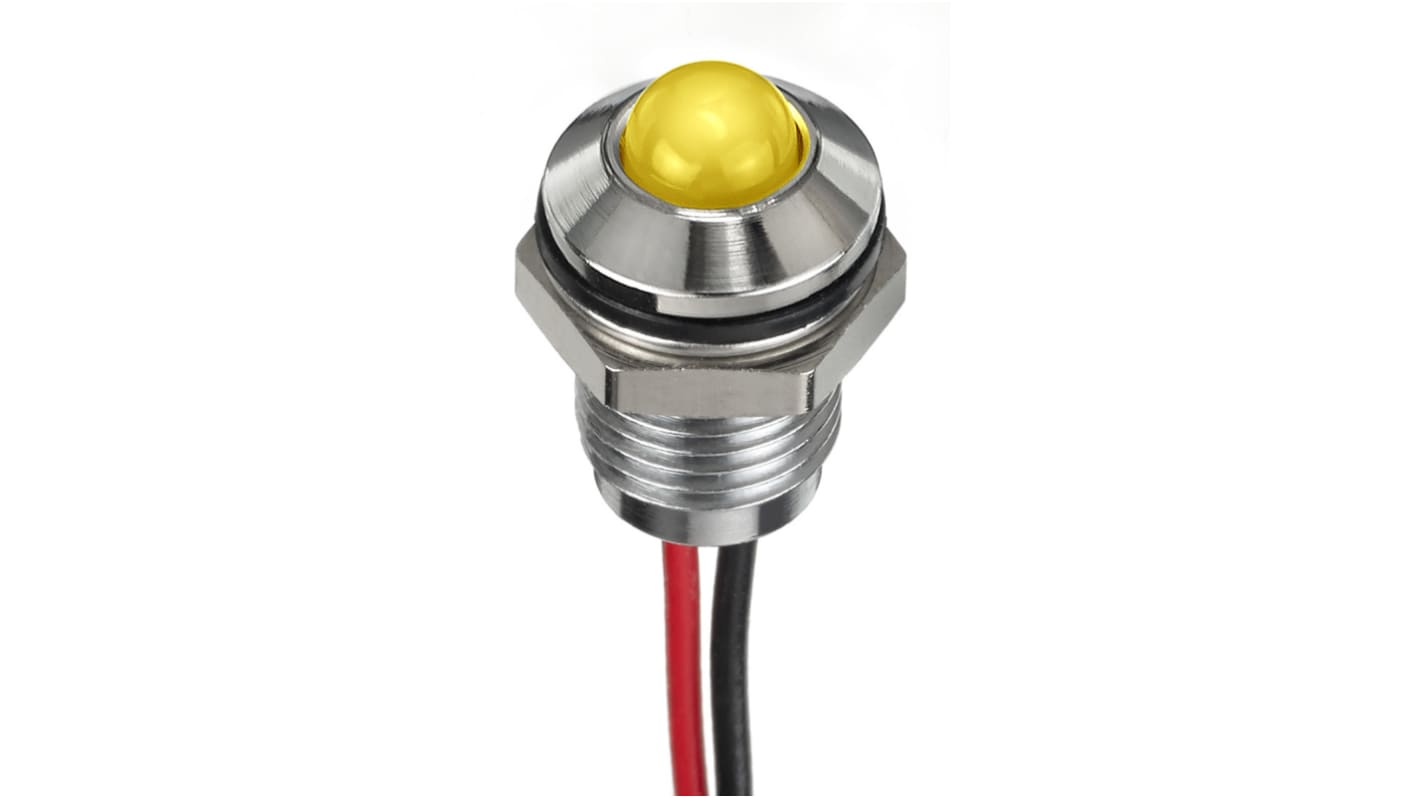 RS PRO Yellow Panel Mount Indicator, 1.8 → 3.3V dc, 8mm Mounting Hole Size, Lead Wires Termination, IP67