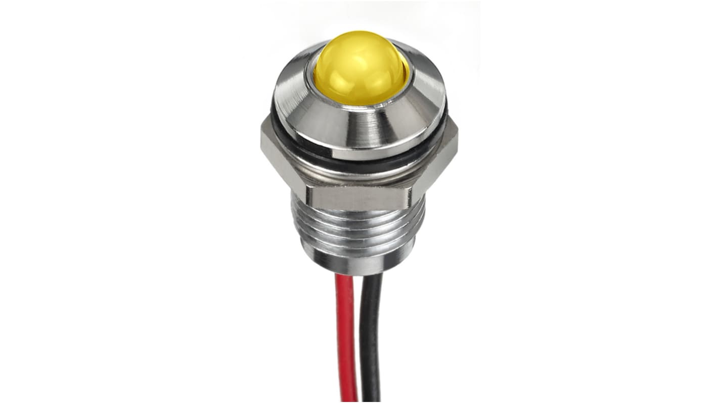 Indicador LED RS PRO, Amarillo, lente prominente, marco Cromo, Ø montaje 8mm, 1.8 → 3.3V dc, 20mA, 1600mcd, IP67