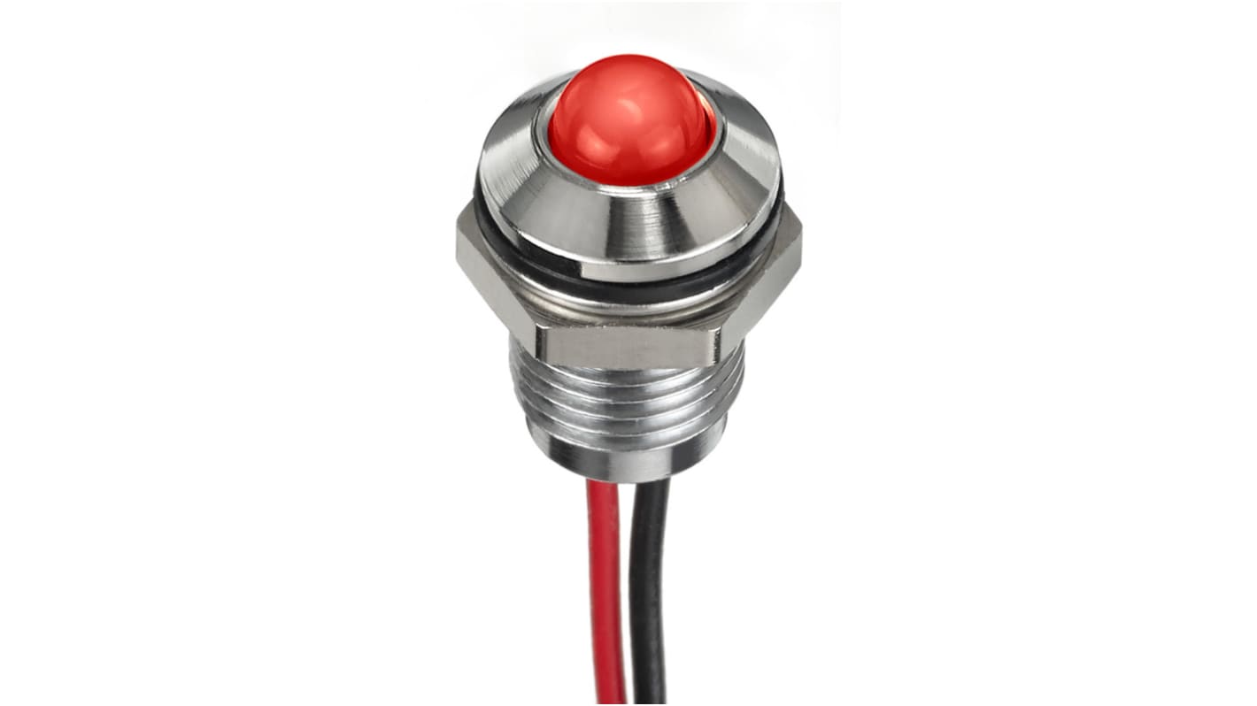 RS PRO Red Panel Mount Indicator, 12V dc, 8mm Mounting Hole Size, Lead Wires Termination, IP67