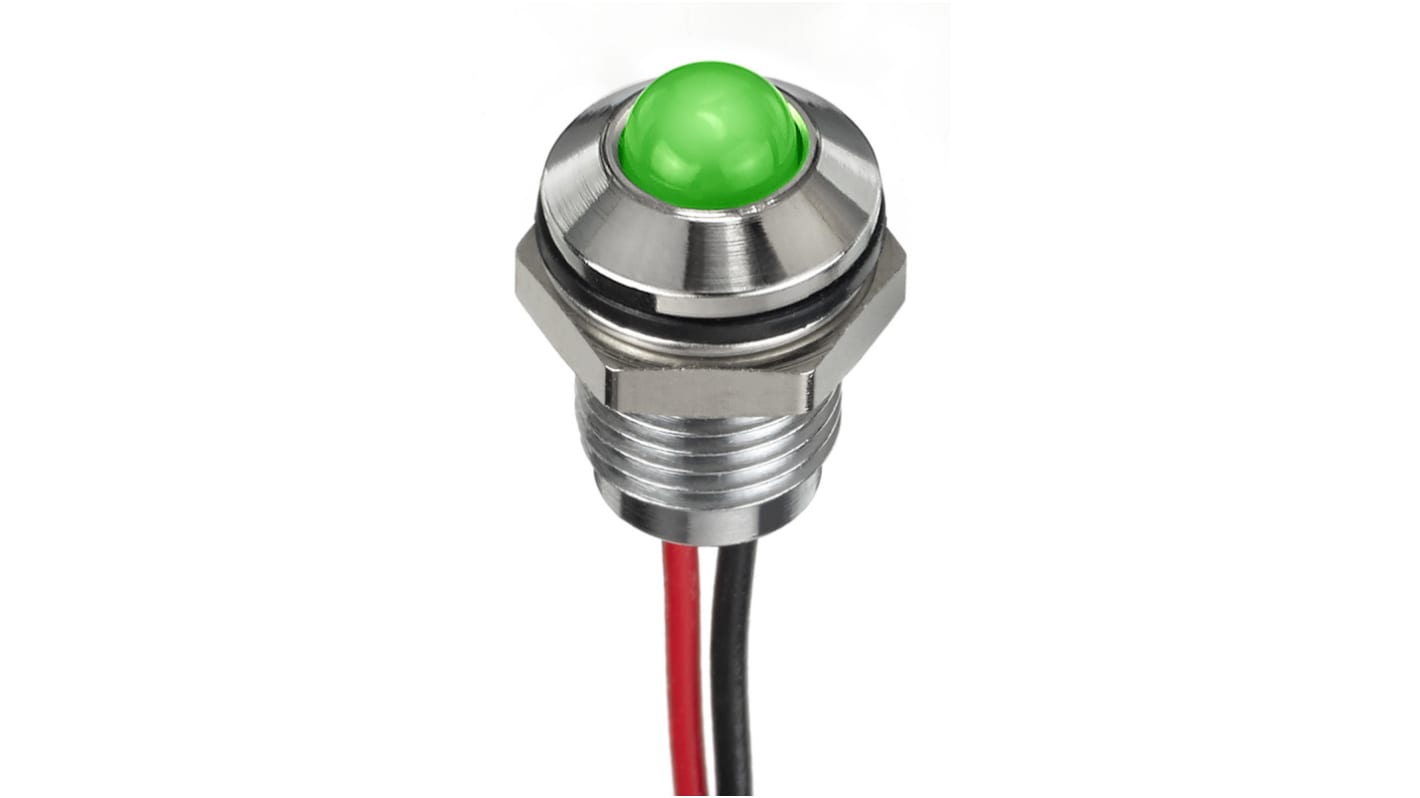 Indicador LED RS PRO, Verde, lente prominente, marco Cromo, Ø montaje 8mm, 12V dc, 20mA, 1900mcd, IP67