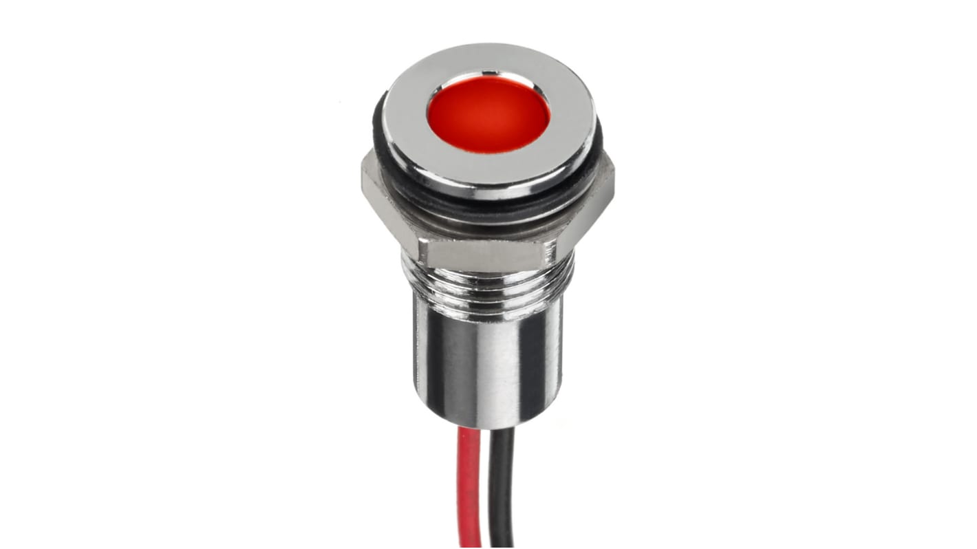 Indicador LED RS PRO, Rojo, lente enrasada, marco Cromo, Ø montaje 8mm, 1.8 → 3.3V dc, 20mA, 980mcd, IP67