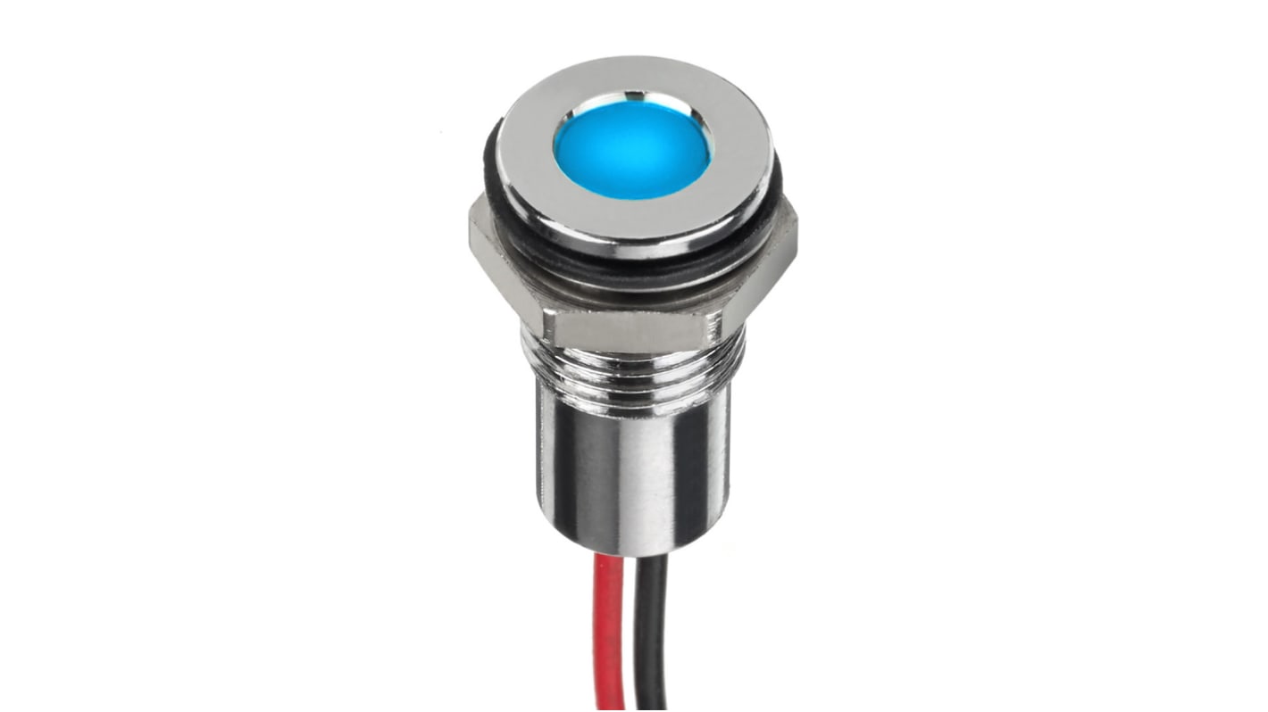 Indicador LED RS PRO, Azul, lente enrasada, marco Cromo, Ø montaje 8mm, 12V dc, 20mA, 50mcd, IP67