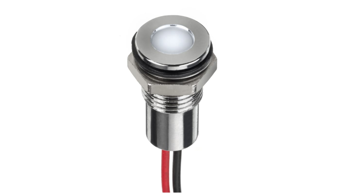 Indicador LED RS PRO, Blanco, lente enrasada, marco Cromo, Ø montaje 8mm, 12V dc, 20mA, 500mcd, IP67