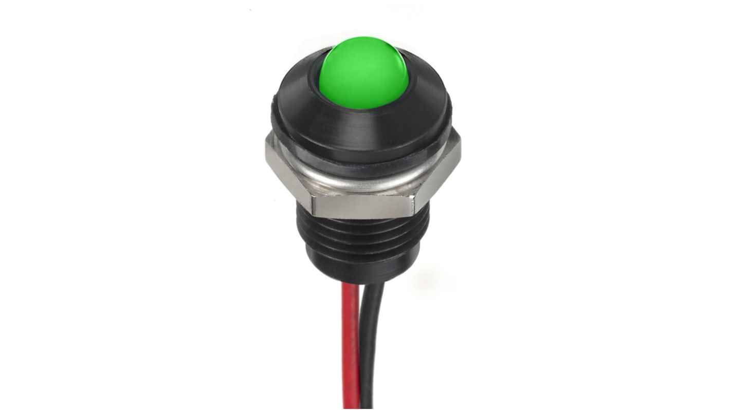 RS PRO Green Panel Mount Indicator, 1.8 → 3.3V dc, 8mm Mounting Hole Size, Lead Wires Termination, IP67