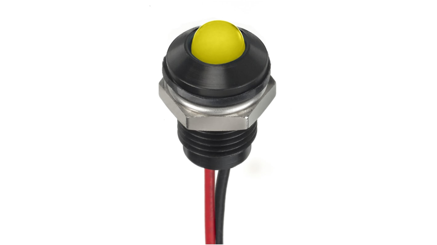 RS PRO Yellow Panel Mount Indicator, 12V dc, 8mm Mounting Hole Size, Lead Wires Termination, IP67