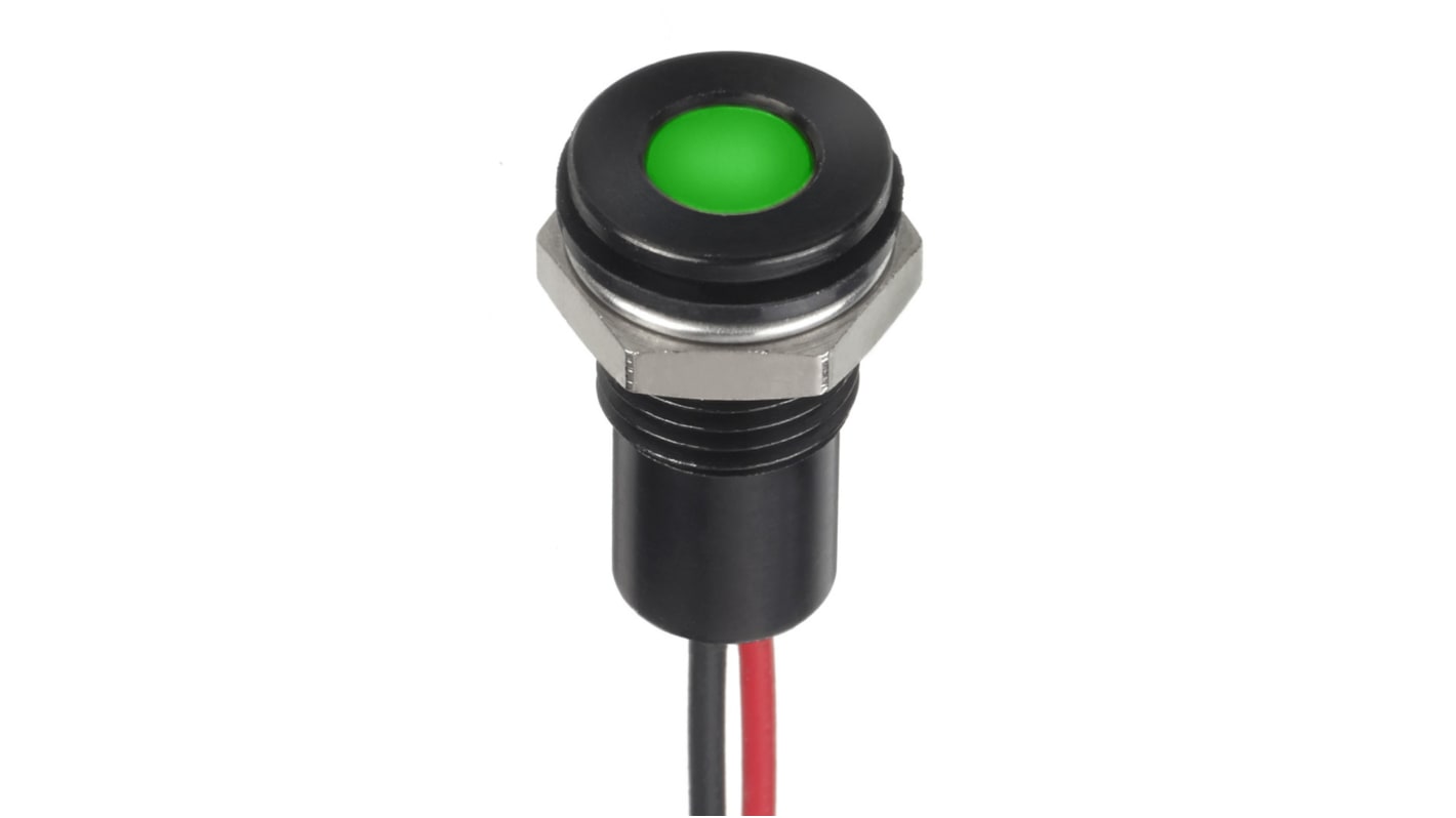 RS PRO Green Panel Mount Indicator, 1.8 → 3.3V dc, 8mm Mounting Hole Size, Lead Wires Termination, IP67