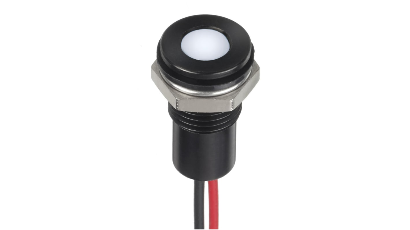 RS PRO White Panel Mount Indicator, 1.8 → 3.3V dc, 8mm Mounting Hole Size, Lead Wires Termination, IP67