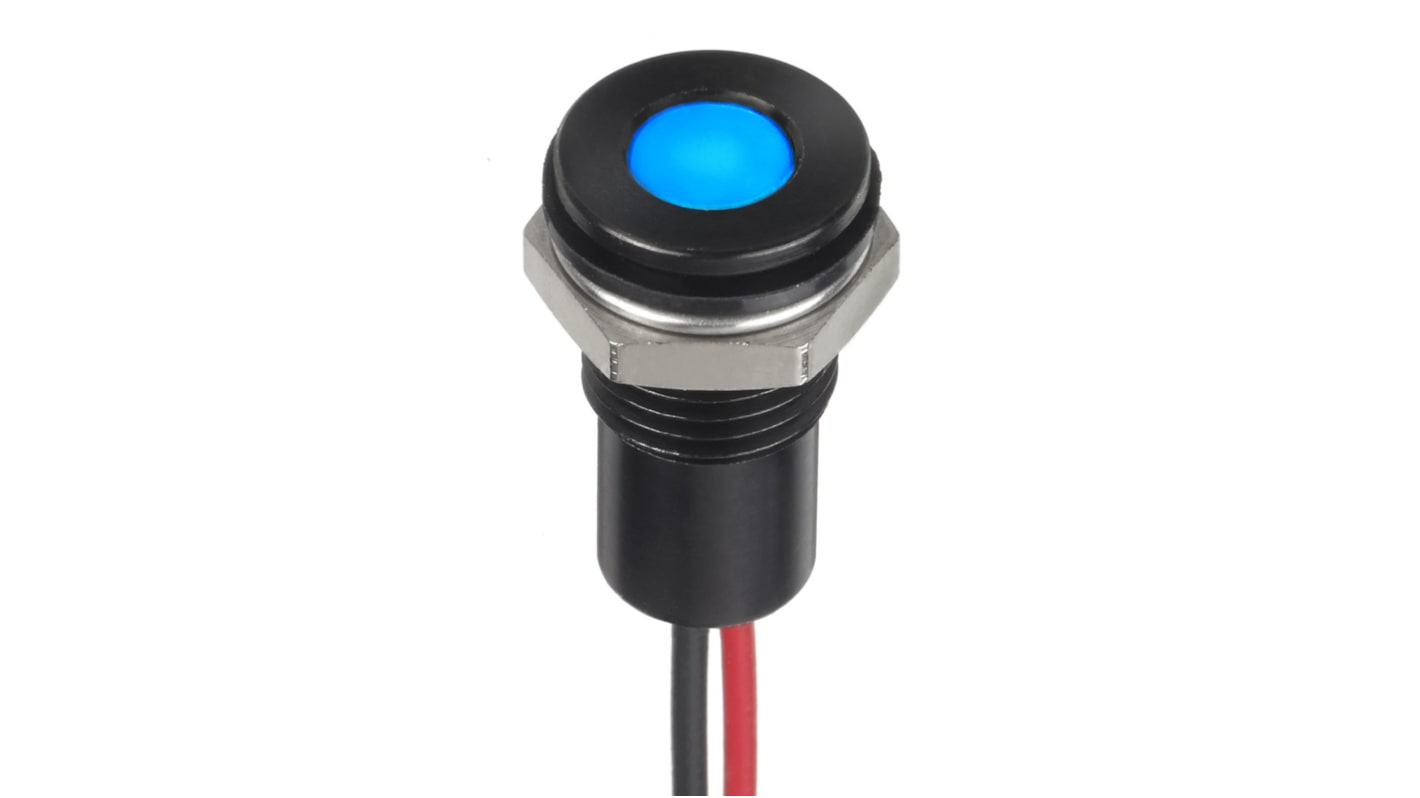 RS PRO Blue Panel Mount Indicator, 12V dc, 8mm Mounting Hole Size, Lead Wires Termination, IP67