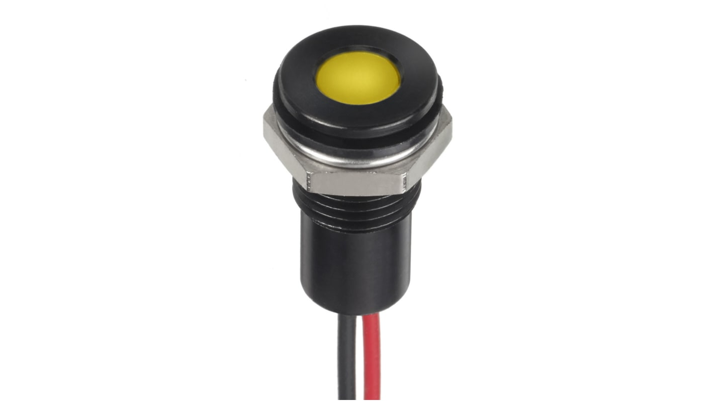 Indicador LED RS PRO, Amarillo, lente enrasada, Ø montaje 8mm, 24V dc, 20mA, 250mcd, IP67