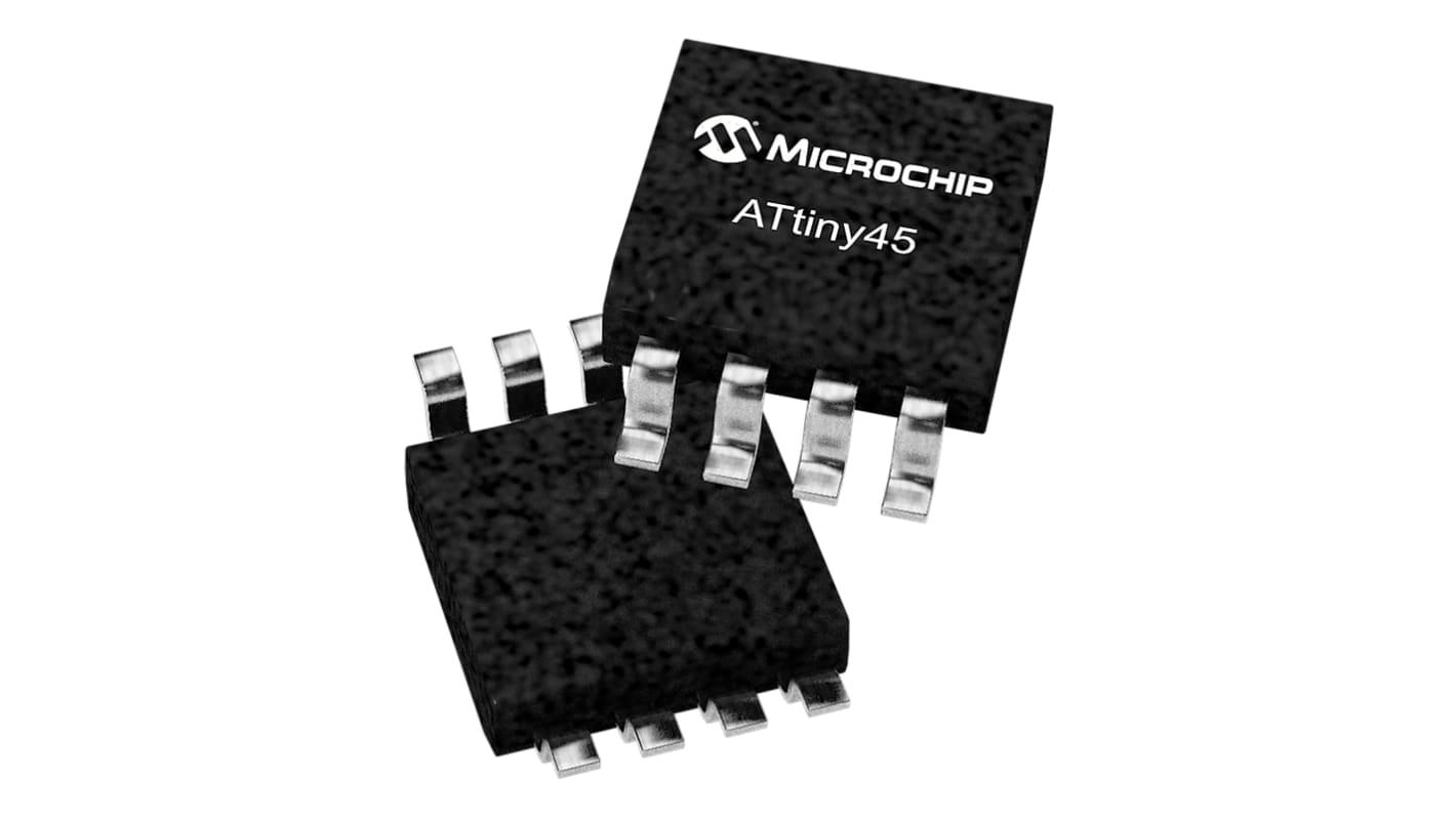 Microcontrolador Microchip ATTINY45-20SU, núcleo AVR de 8bit, RAM 256 B, 20MHZ, SOIJ de 8 pines