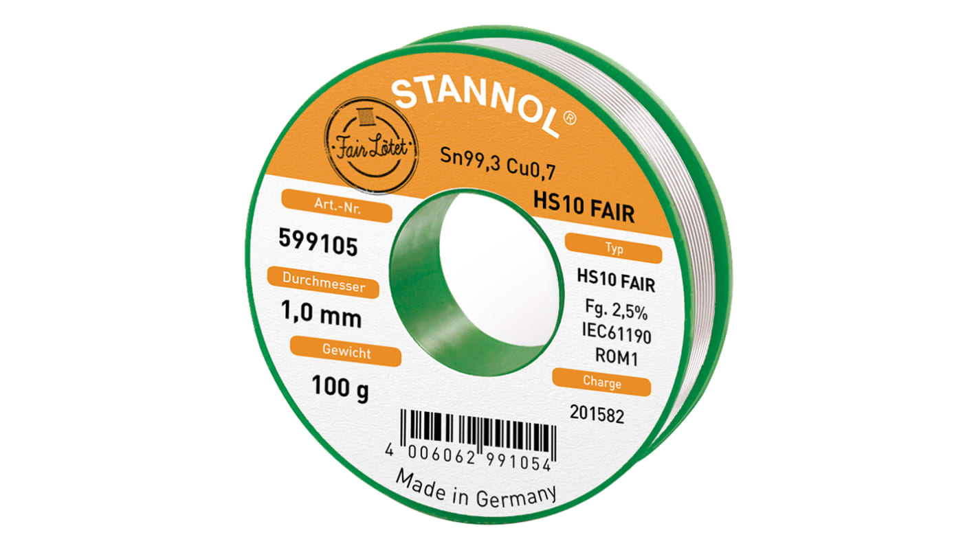 599105 Stannol Wire, 1mm Lead Free Solder, 227°C Melting Point RS