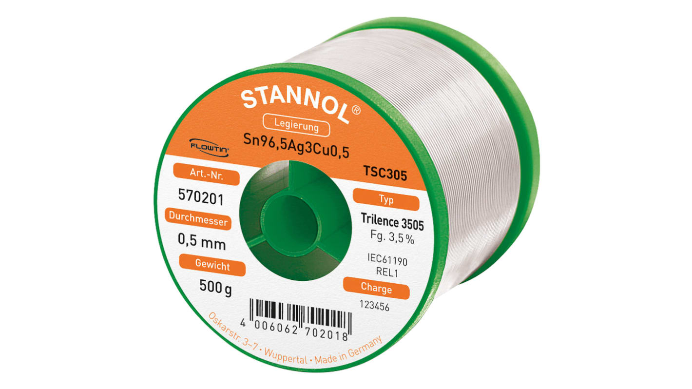 Stannol Wire, 0.5mm Lead Free Solder, 217°C Melting Point