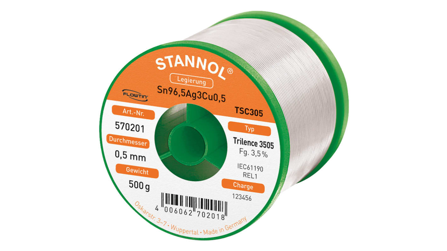 Soudure sans plomb Stannol 0.5mm, 500g, Etain 96.5%, Argent 3%, Cuivre 0.5%, fusion à 217°C