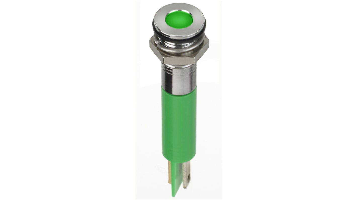 RS PRO Green Panel Mount Indicator, 2V dc, 8mm Mounting Hole Size, Faston, Solder Lug Termination, IP67