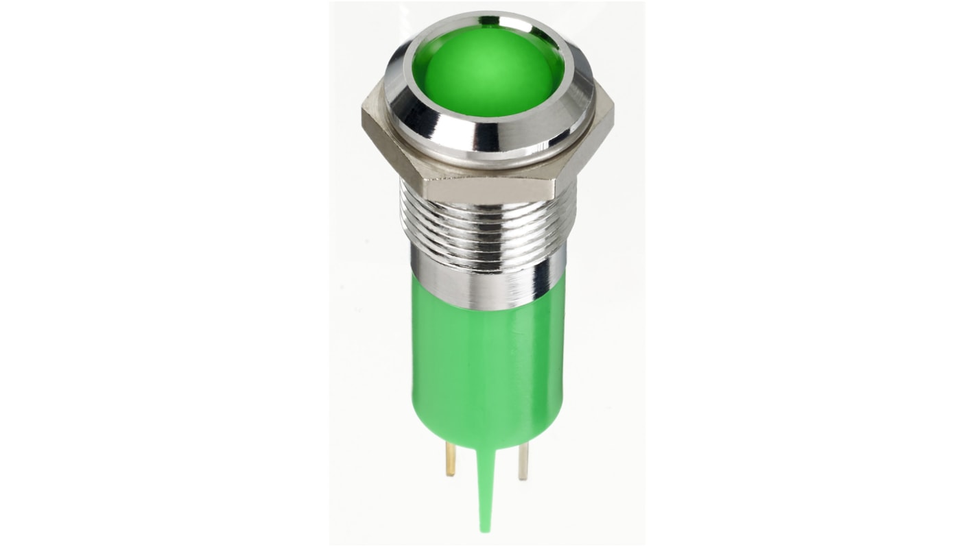 Indicador LED RS PRO, Verde, lente prominente, marco Cromo, Ø montaje 14mm, 2V dc, 20mA, 2200mcd, IP67