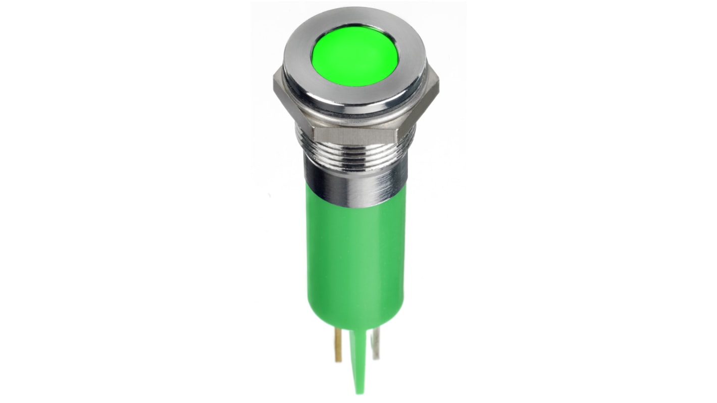 RS PRO Green Panel Mount Indicator, 12V dc, 14mm Mounting Hole Size, Faston, Solder Lug Termination, IP67