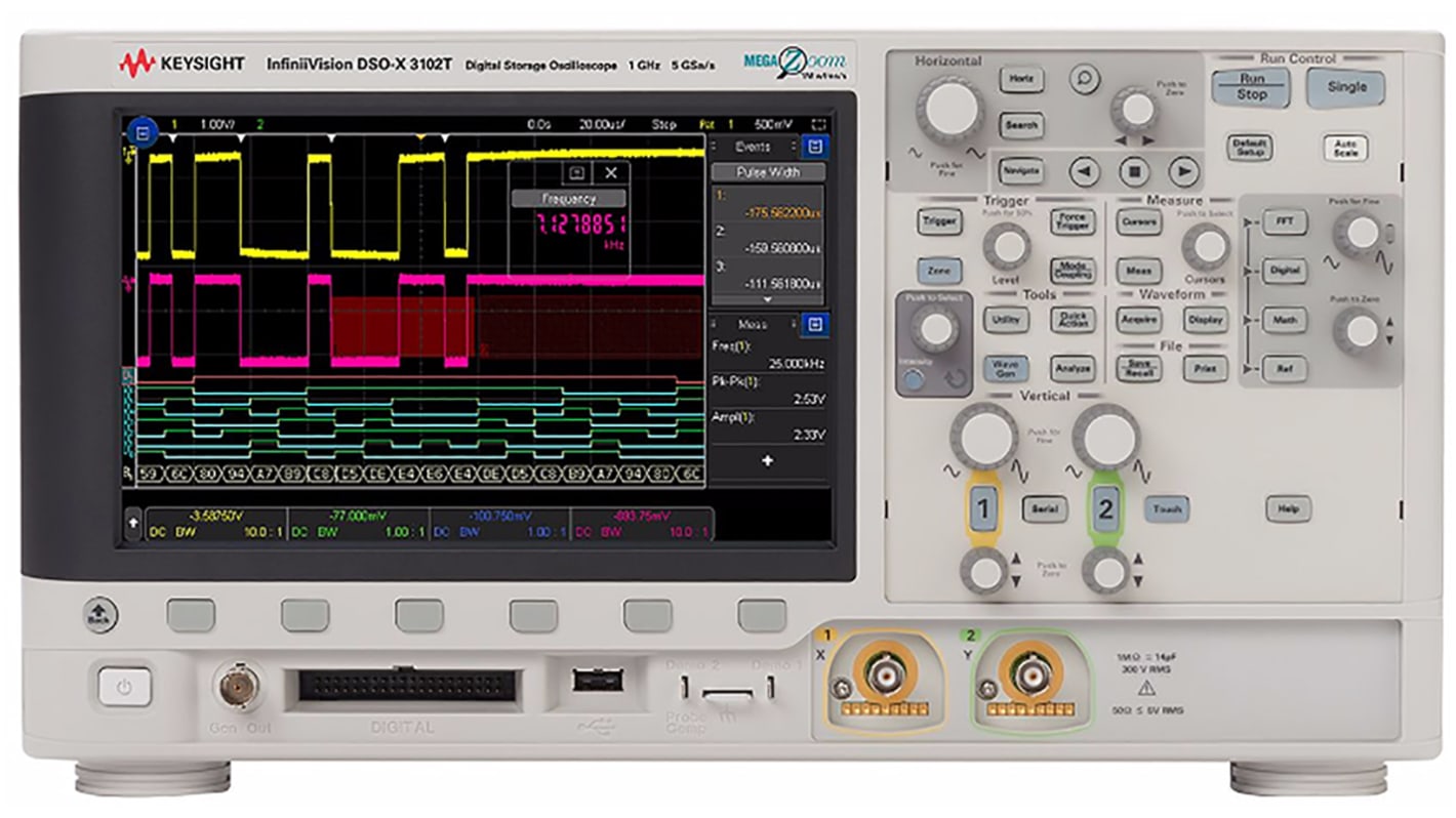 Osciloscopio de banco Keysight Technologies DSOX3102T, canales:2 A, 16 D, 1GHz, pantalla de 8.5plg, interfaz CAN, IIC,