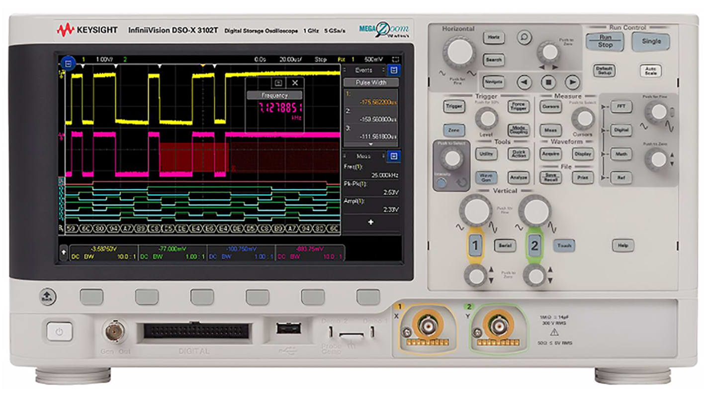 Osciloscopio de banco Keysight Technologies MSOX3102T, canales:2 A, 16 D, 1GHz, pantalla de 8.5plg, interfaz CAN, IIC,