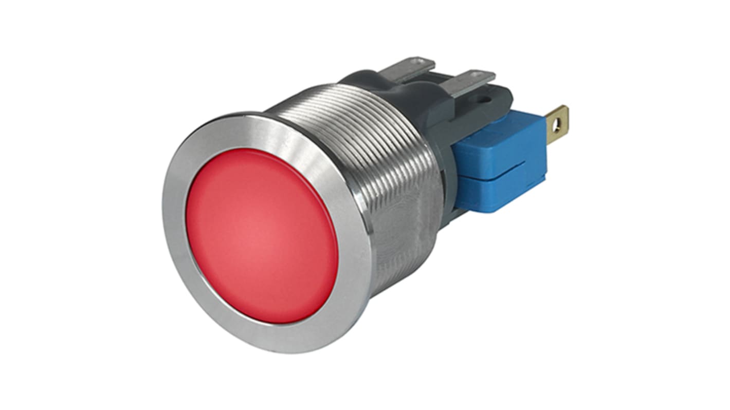 Schurter Illuminated Push Button Switch, Momentary, Panel Mount, 19.1mm Cutout, SPDT, Red LED, 250V ac, IP40, IP65, IP67