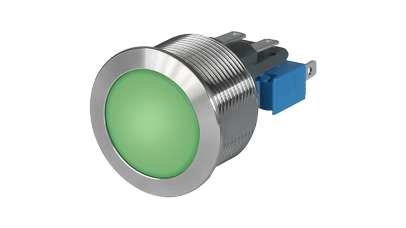 Schurter Illuminated Push Button Switch, Momentary, Panel Mount, 22.1mm Cutout, SPDT, Green LED, 250V ac, IP40, IP65,