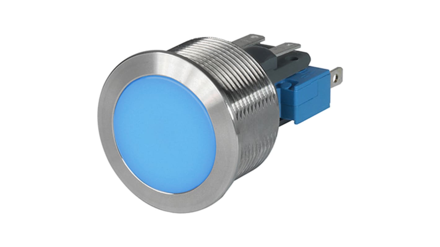 Schurter Illuminated Push Button Switch, Momentary, Panel Mount, 22.1mm Cutout, SPDT, Blue LED, 250V ac, IP40, IP65,