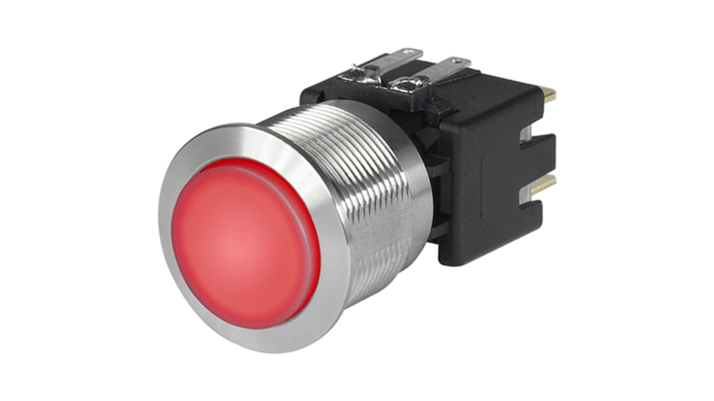 Schurter Illuminated Push Button Switch, Latching, Panel Mount, 22.1mm Cutout, DPDT, Red LED, 30 V dc, 250V ac, IP40,