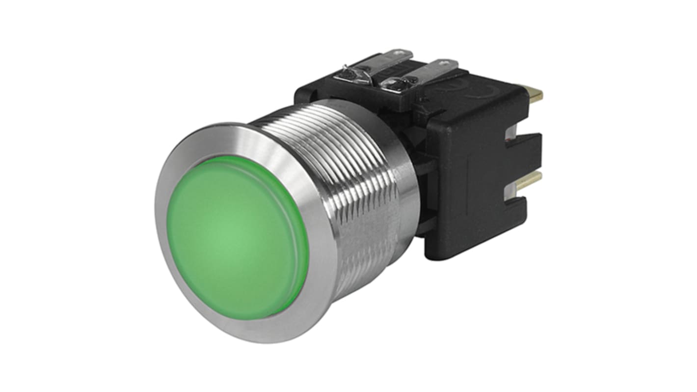 Schurter Illuminated Push Button Switch, Latching, Panel Mount, 22.1mm Cutout, DPDT, Green LED, 30 V dc, 250V ac, IP40,