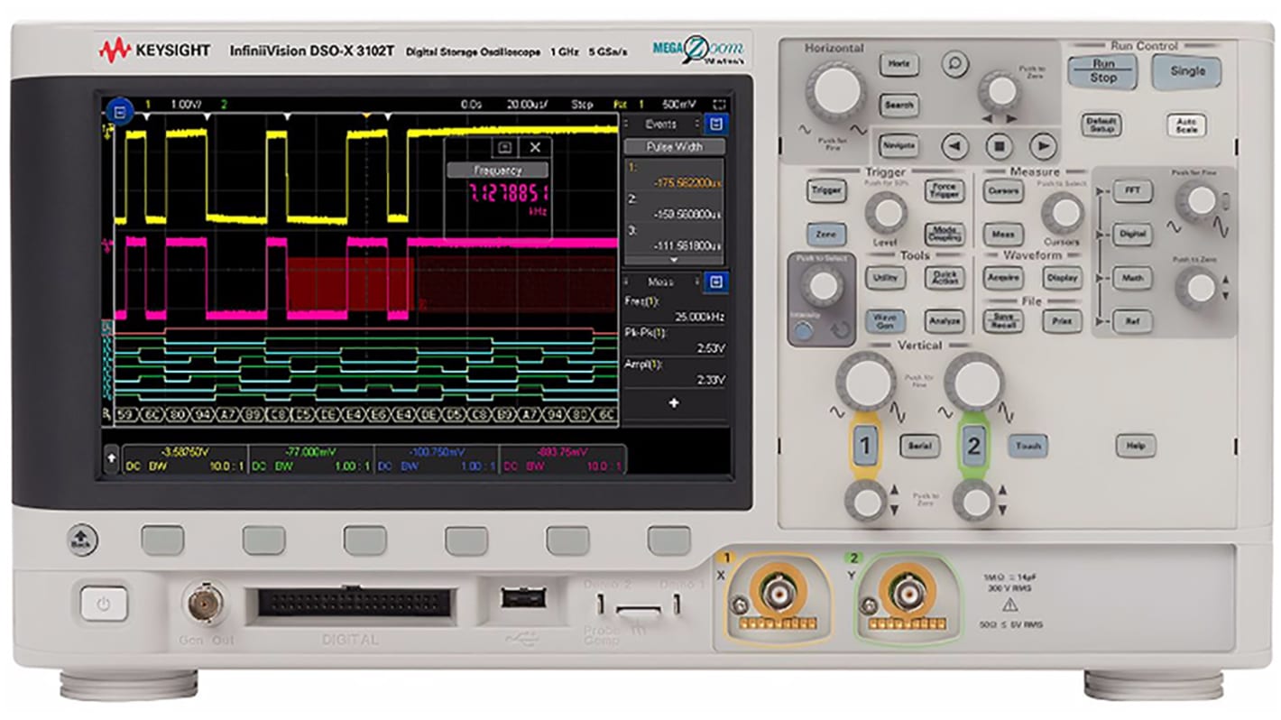 Osciloscopio de banco Keysight Technologies MSOX3102T, calibrado UKAS, canales:2 A, 16 D, 1GHz, pantalla de 8.5plg,