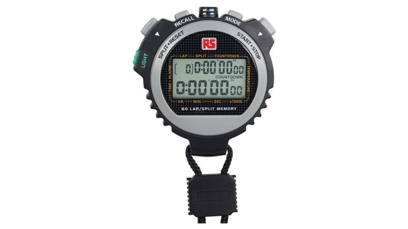 RS PRO Black Digital Pocket Stopwatch 9 h 59 min 59.99 s, With RS Calibration