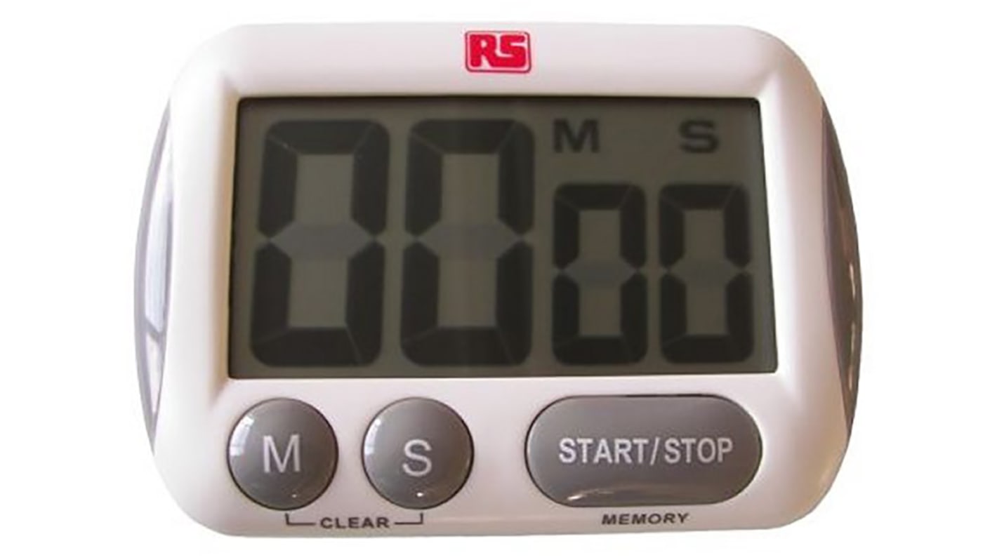 RS PRO White Digital Desktop Timer 99 min 59 s, With RS Calibration