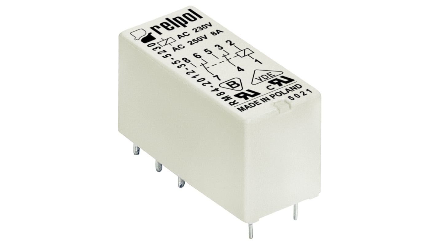 Relé de potencia sin enclavamiento Relpol de 2 polos, DPDT, bobina 110V dc, 8A, Montaje en PCB