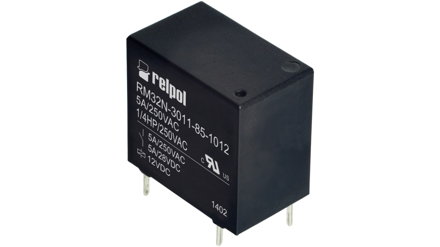 Relpol PCB Mount Power Relay, 12V dc Coil, 5A Switching Current, SPST