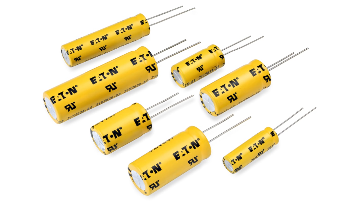 Supercondensador Eaton, 6F, -10 → +30%, 3V dc, Montaje en orificio pasante, 0.035Ω