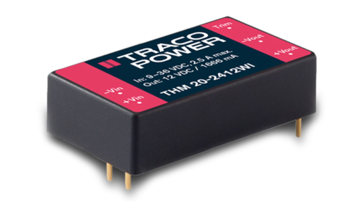 TRACOPOWER THM 20 WI DC-DC Converter, 15V dc/ 1.33A Output, 9 → 75 V dc Input, 20W, PCB Mount