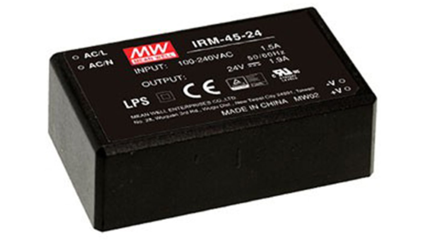 MEAN WELL Switching Power Supply, IRM-45-24, 24V dc, 1.9A, 45.6W, 1 Output, 85 → 264V ac Input Voltage