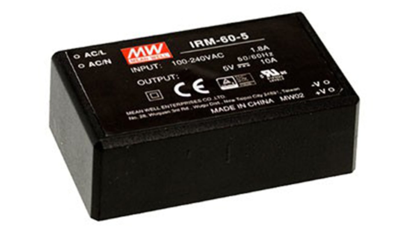 MEAN WELL Switching Power Supply, IRM-60-5, 5V dc, 10A, 50W, 1 Output, 85 → 264V ac Input Voltage