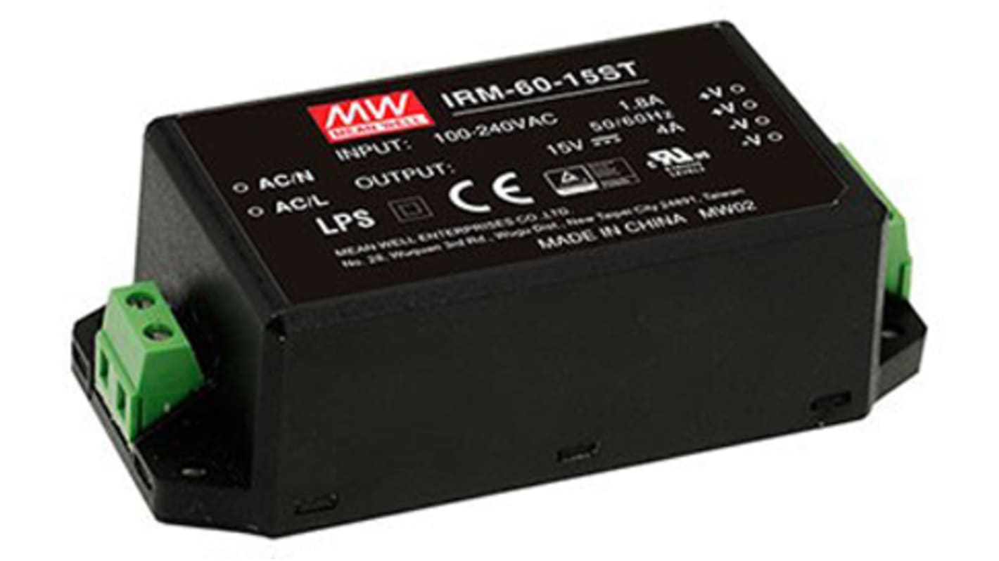 MEAN WELL Switching Power Supply, IRM-60-15ST, 15V dc, 4A, 60W, 1 Output, 85 → 264V ac Input Voltage