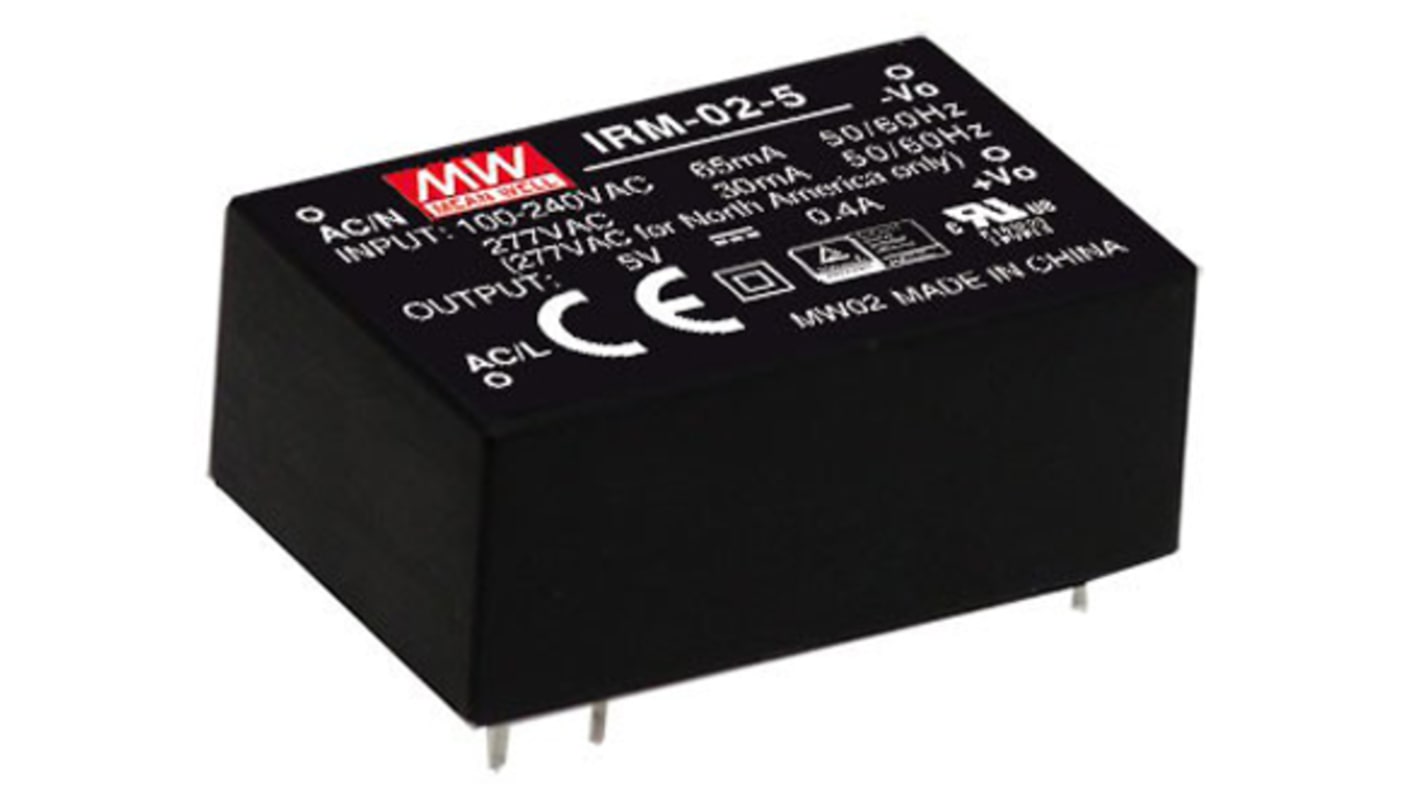 MEAN WELL Switching Power Supply, IRM-02-5, 5V dc, 400mA, 2W, 1 Output, 120 → 430 V dc, 85 → 305 V ac