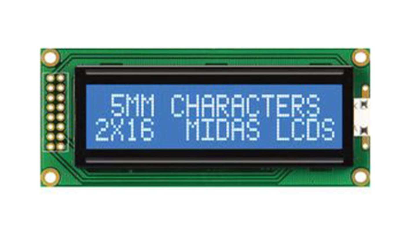 Midas MC21605B6WD-BNMLW-V2 B Alphanumeric LCD Display, Blue on White, 2 Rows by 16 Characters, Transmissive