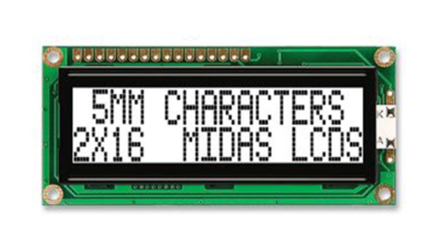 Display monocromo LCD alfanumérico Midas G de 2 filas x 16 caract., transflectivo, área 66 x 16mm