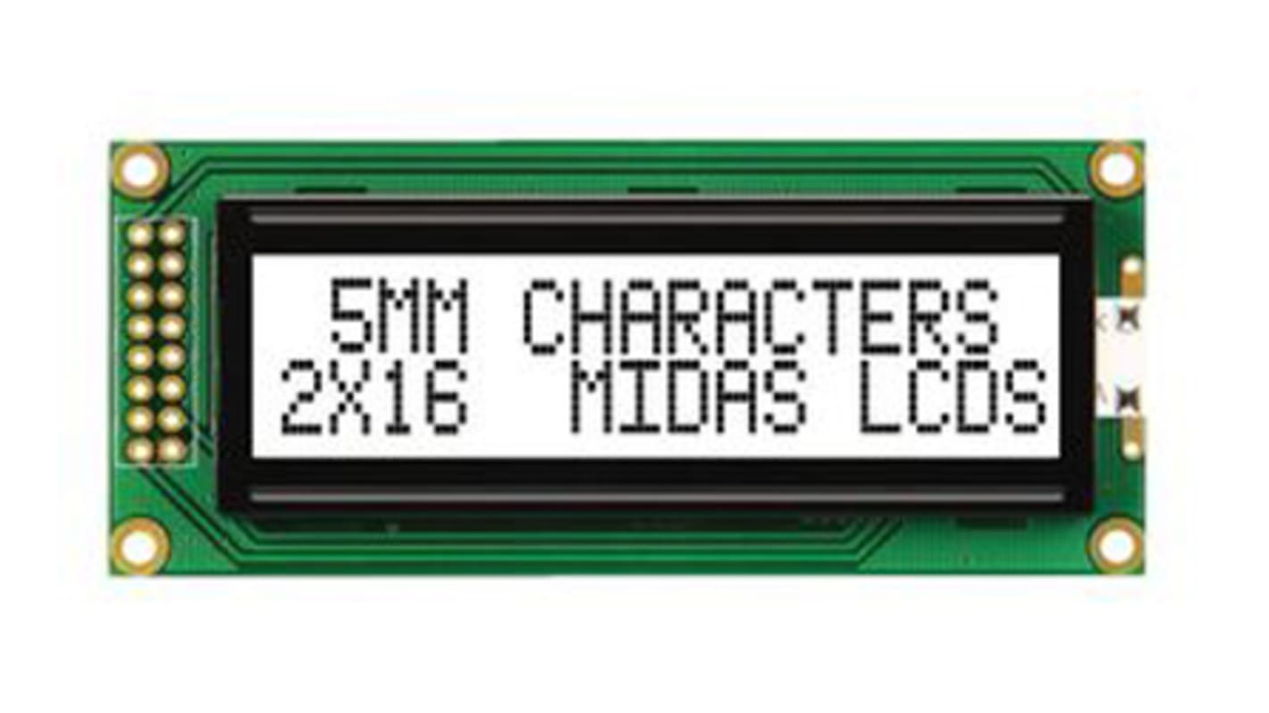 Midas MC21605B6W-FPTLW-V2 B Alphanumeric LCD Display White, 2 Rows by 16 Characters, Transflective